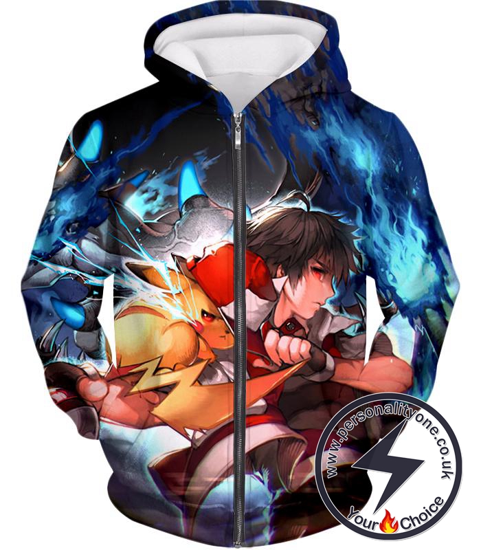 Pokemon Very Cool Pokemon Trainer Bond Ash Ketchum and Pikachu HD Printed Zip Up Hoodie